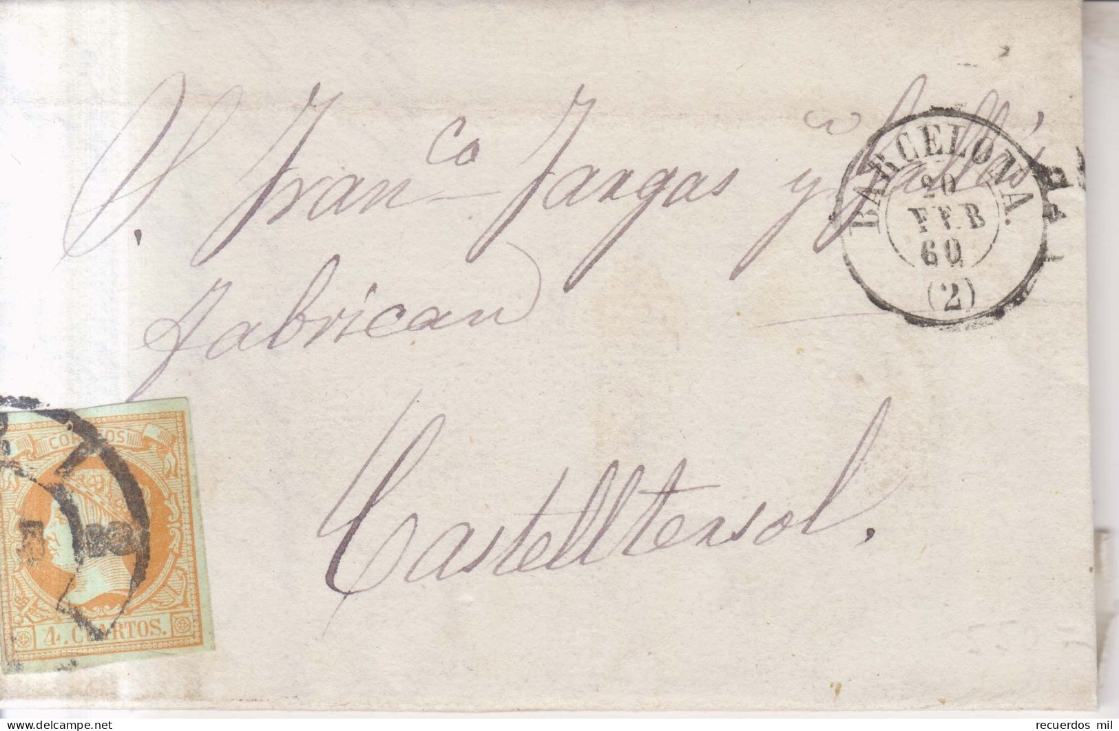 Año 1860 Edifil 52 4c Isabel II Carta Castelltersol Matasellos Rueda Carreta 2 Barcelona Membrete Sebastian Salvado - Lettres & Documents