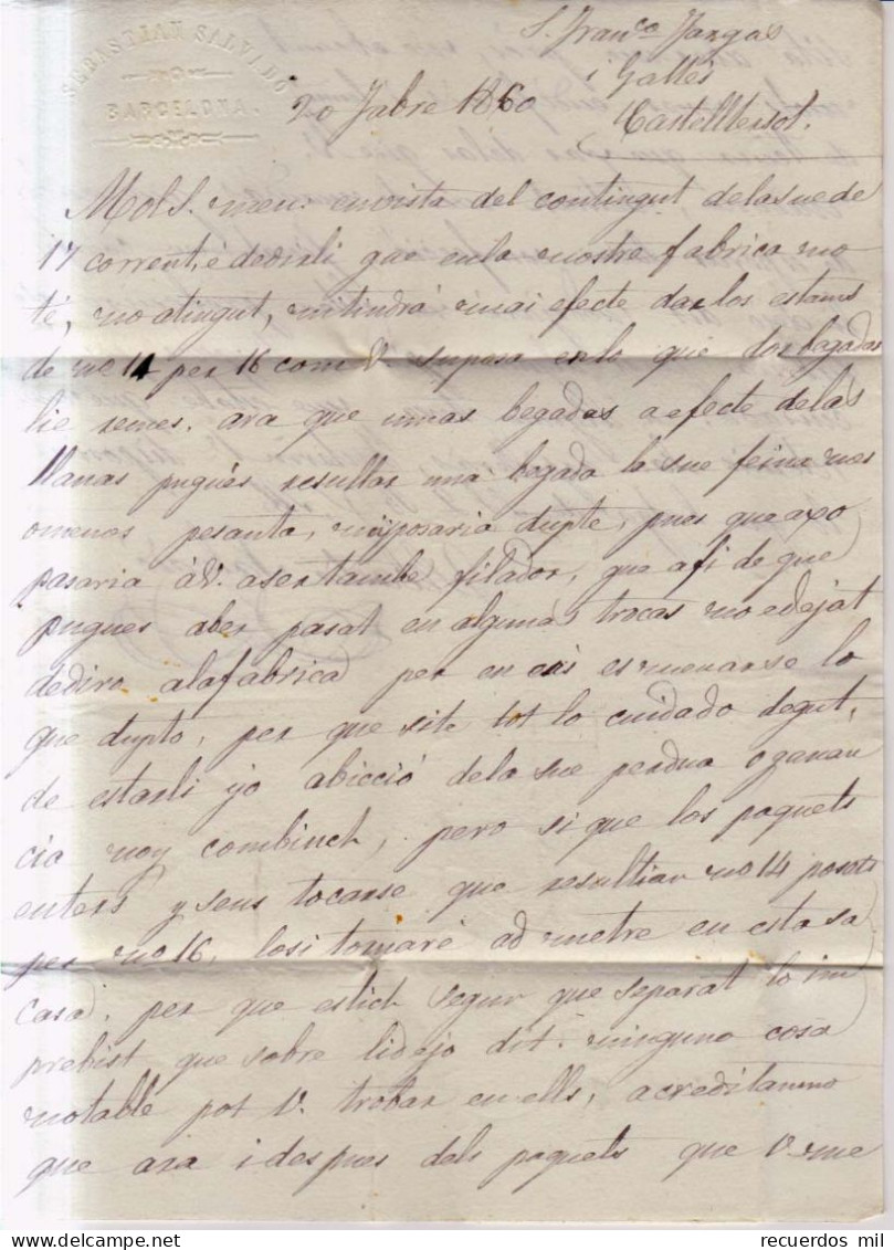 Año 1860 Edifil 52 4c Isabel II Carta Castelltersol Matasellos Rueda Carreta 2 Barcelona Membrete Sebastian Salvado - Brieven En Documenten