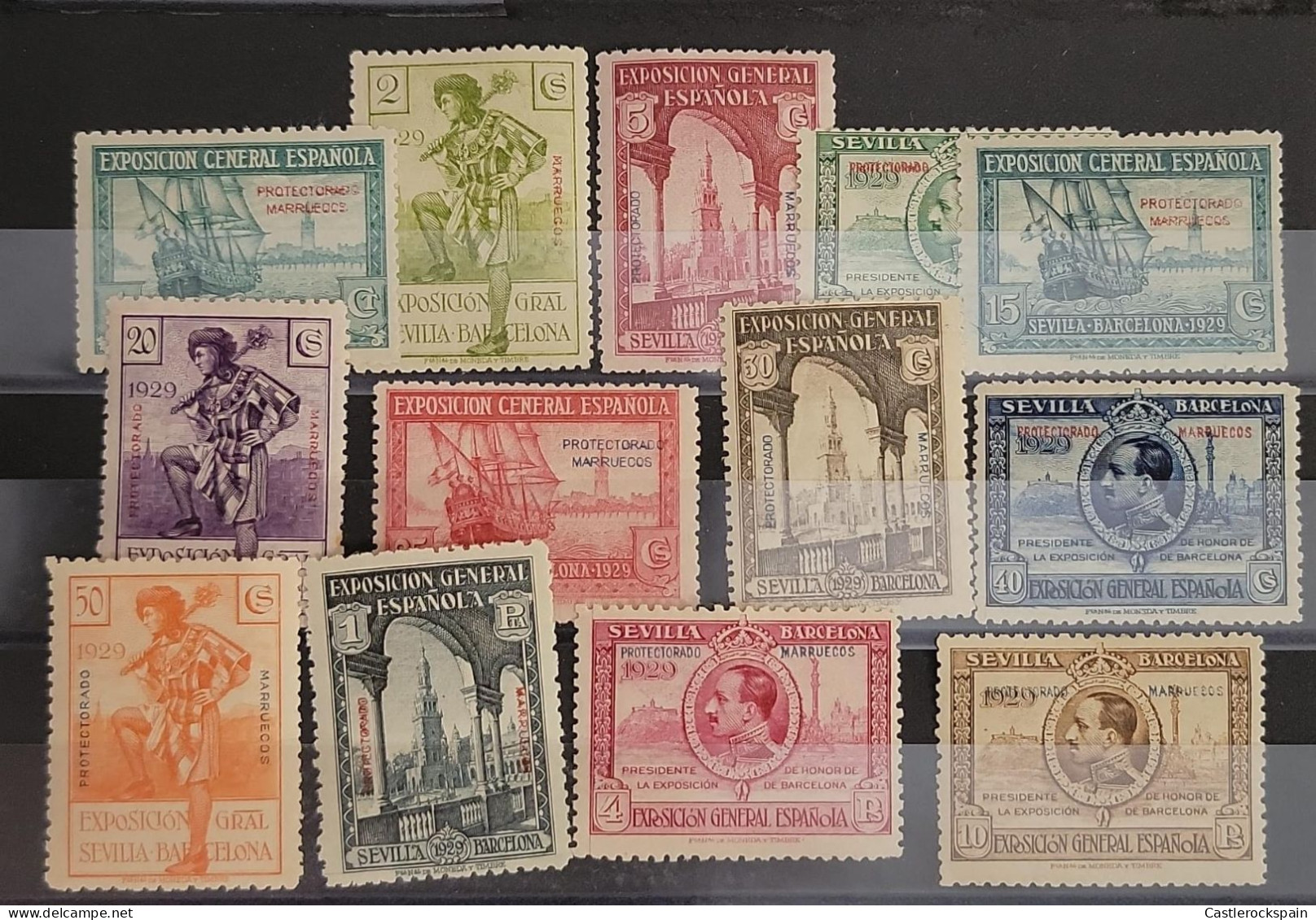 O) 1929 SPANISH MORROCO, PROTECTORADO MARRUECOS OVERPRINT, SANTA MARIA AND VIEW OF SEVILLE, HERALD OF BARCELONA, EXPOSIC - Spanisch-Marokko