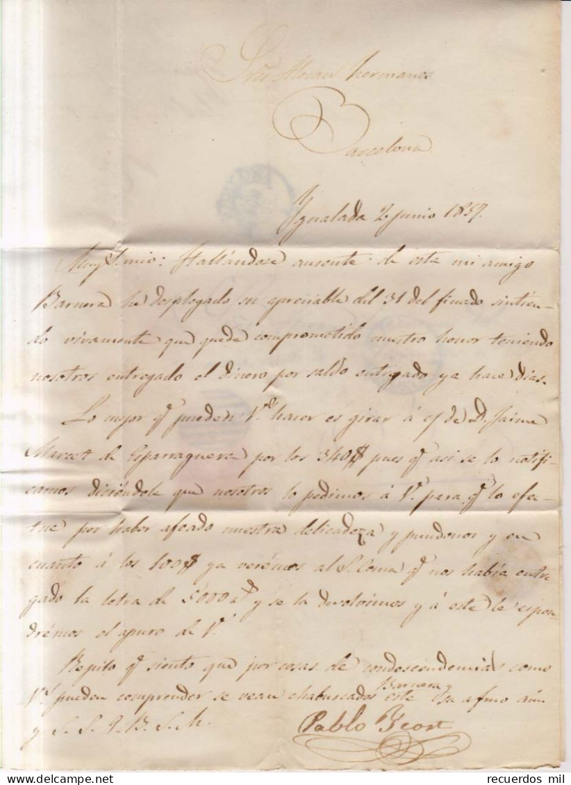 Año 1856 Edifil 48 4cIsabel II Carta Matasellos Rejilla Y Azul Igualada Barcelona - Cartas & Documentos