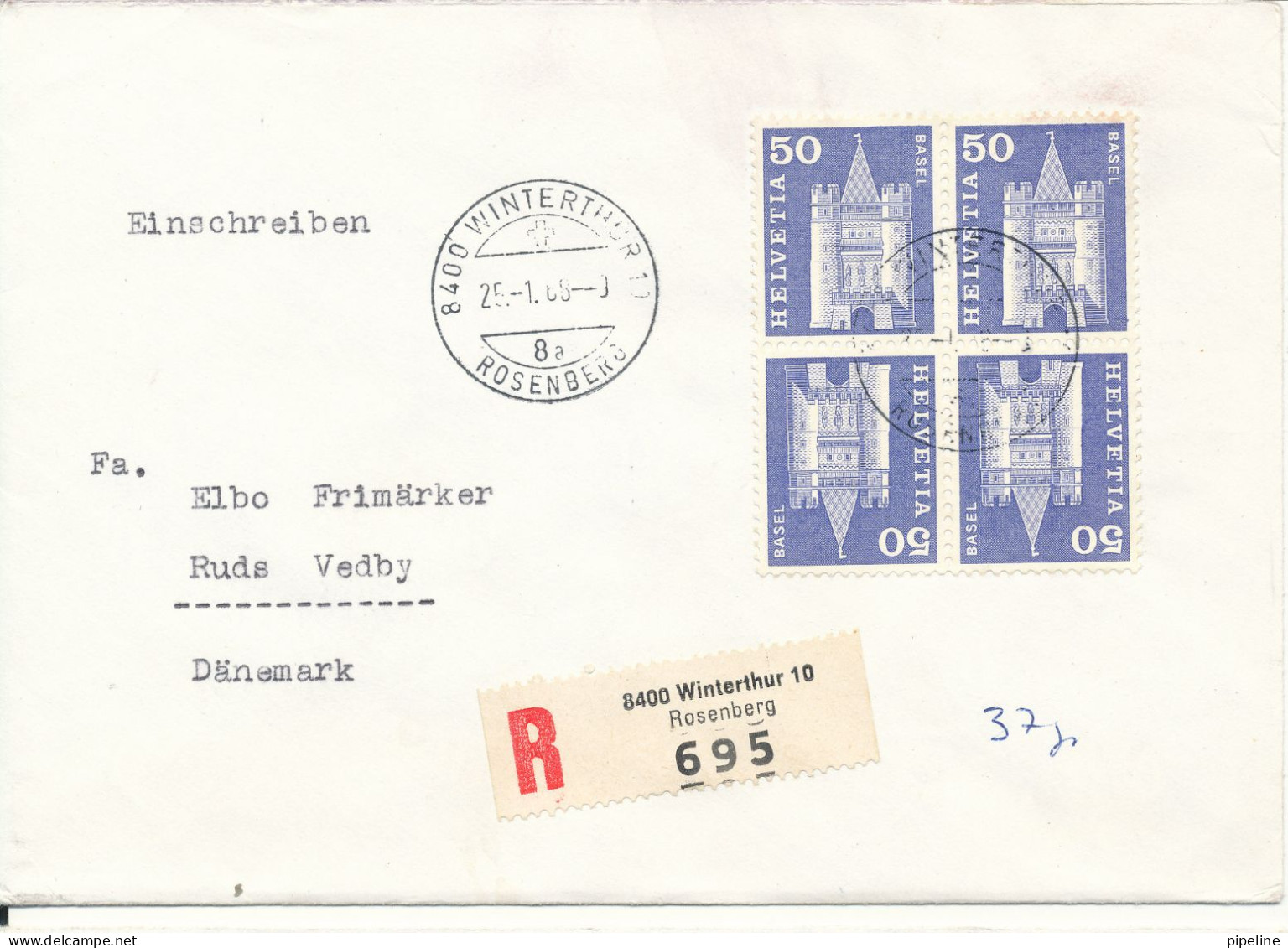 Switzerland Registered Cover Sent To Denmark Winterthur 10 Rosenberg 25-1-1968 With A Block Of 4 Tête-bêche Basel - Storia Postale