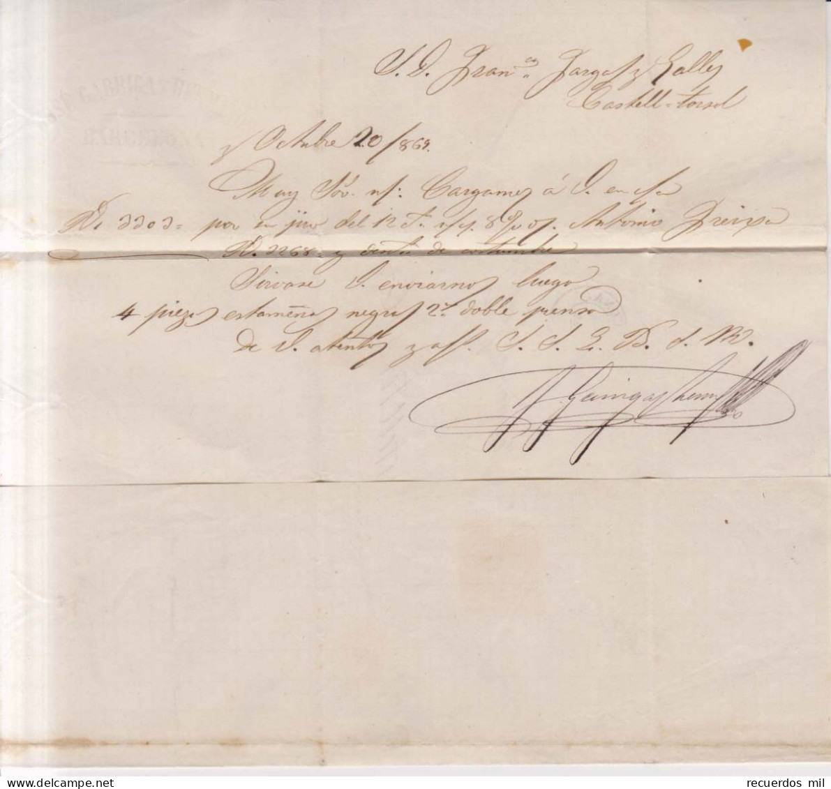 Año 1868 Edifil 98 Isabel II Carta Castelltersol Matasellos Rejilla Cifra 2 Barcelona Membrete Jose Garriga Hermanos - Briefe U. Dokumente