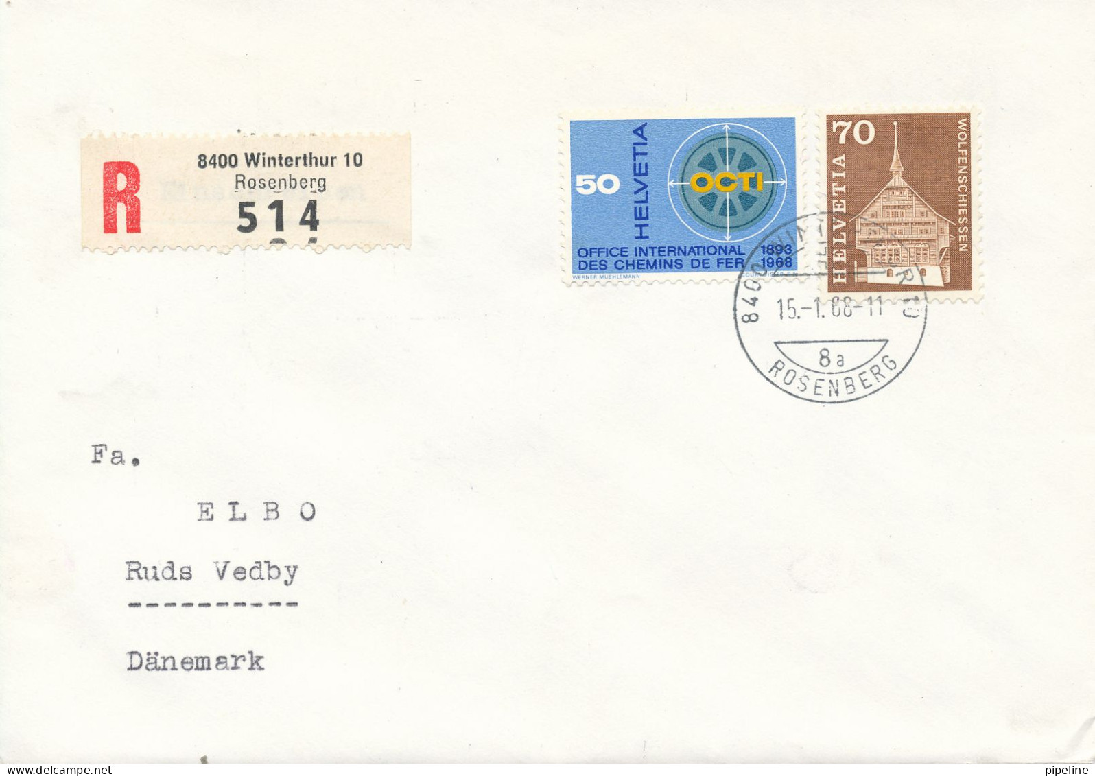 Switzerland Registered Cover Sent To Denmark Winterthur 10 Rosenberg 15-1-1968 - Lettres & Documents