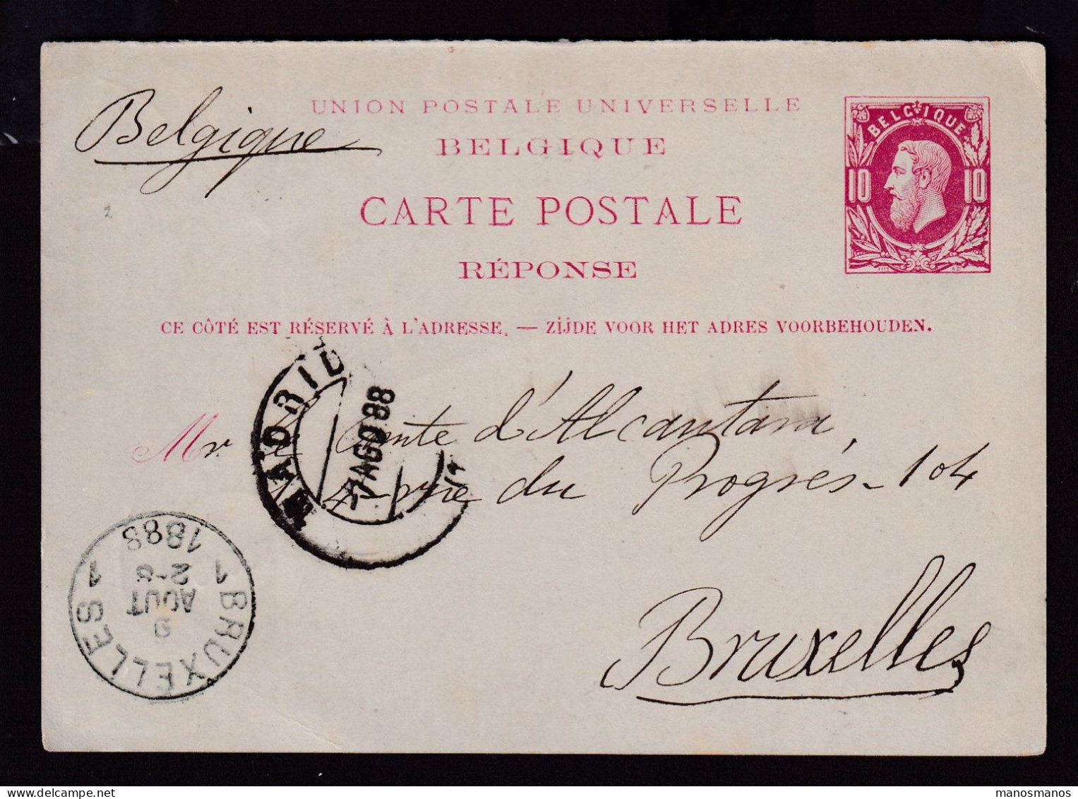 DDFF 865 -- Entier Postal Type No 30 REPONSE - MADRID 1888 Vers BRUXELLES - Postcards 1871-1909