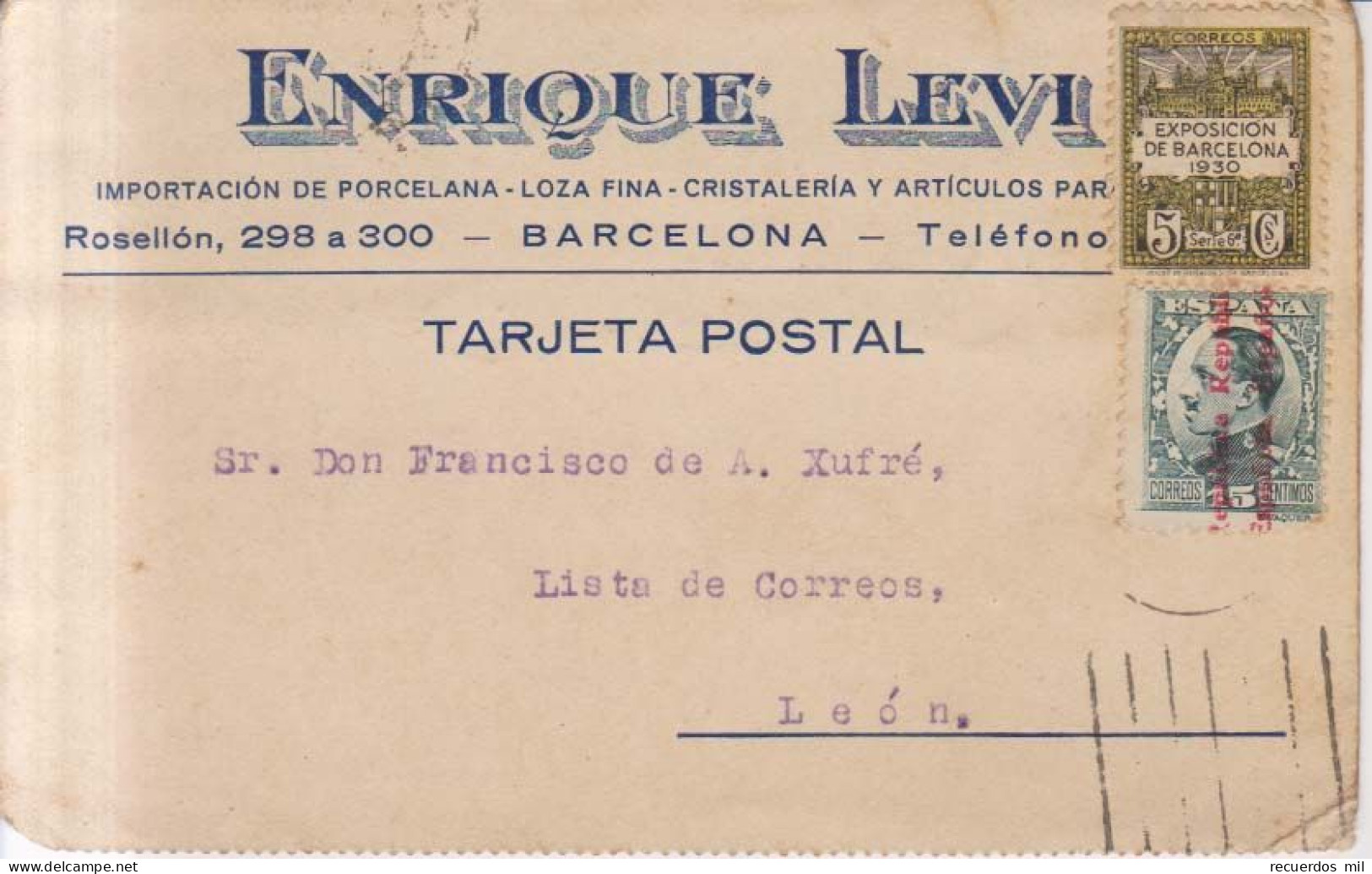 Año 1930 Edifil 493-4 Barcelona Tarjeta Postal Membrete Enrique Levi - Storia Postale