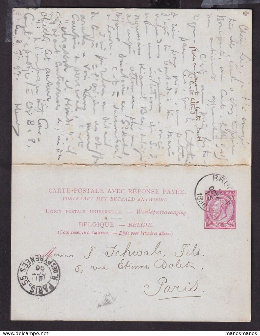 DDFF 867 -- Entier Postal Type No 46 Double Avec REPONSE - BRUGES 1896 Vers PARIS Et Retour - Postcards 1871-1909