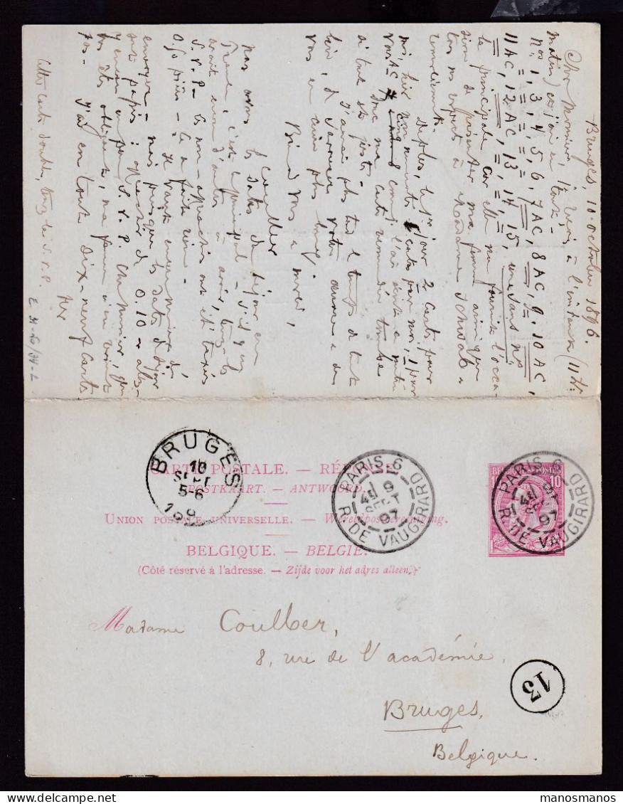 DDFF 867 -- Entier Postal Type No 46 Double Avec REPONSE - BRUGES 1896 Vers PARIS Et Retour - Cartes Postales 1871-1909