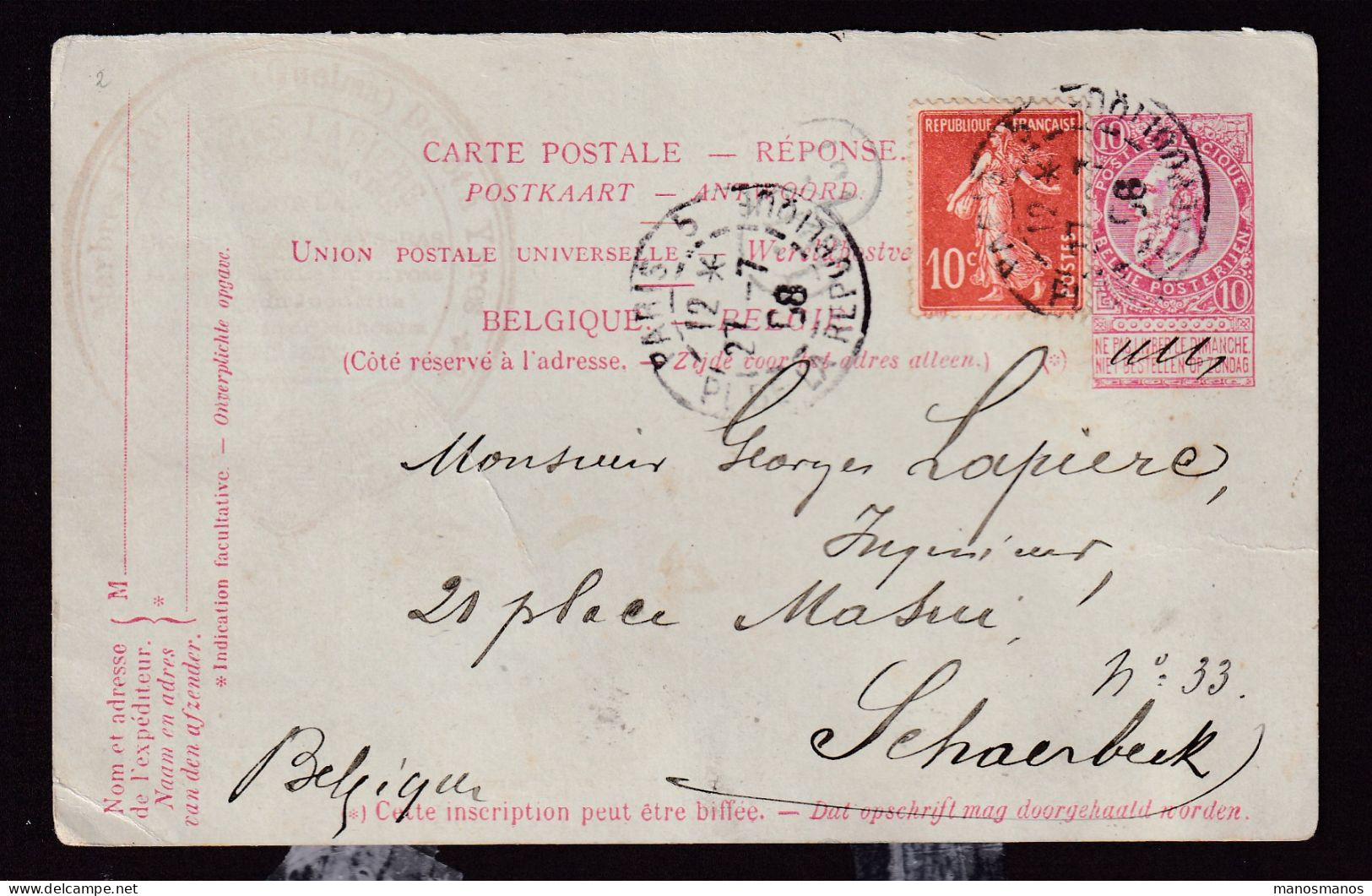 DDFF 868 -- Entier Postal Fine Barbe REPONSE - Ajout D'un TP 10 C Semeuse France PARIS 1908 Vers SCHAERBEEK Bruxelles - Cartoline 1871-1909