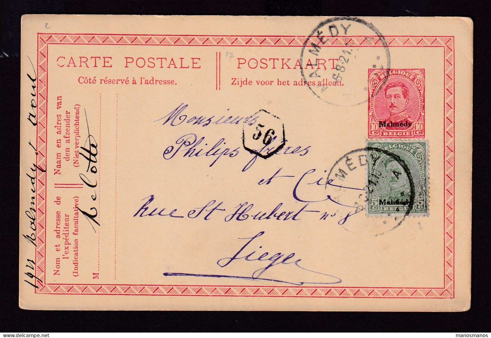 DDFF 869 -- CANTONS DE L'EST - Entier Postal Albert + TP Dito Surchargés MALMEDY 1921 Vers LIEGE - Postcards 1909-1934