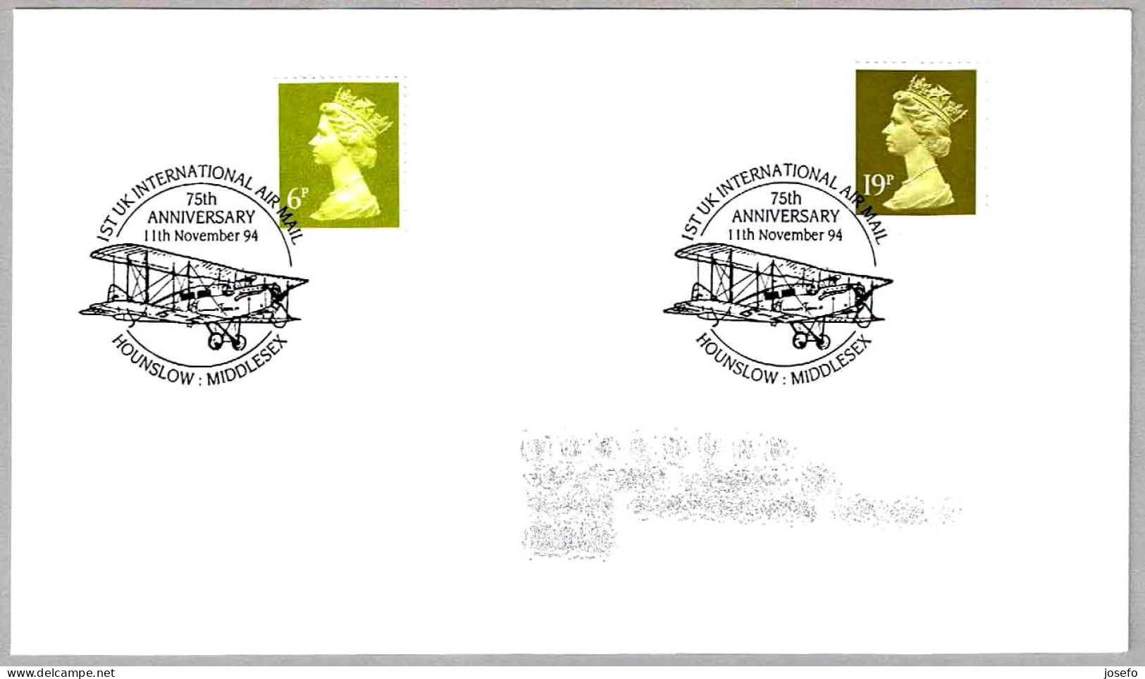 75th Anniversary 1st UK INTERNATIONAL AIR MAIL. Hounslow Middlesex 1994 - Post