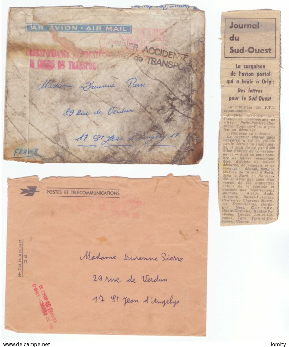 Lettre Correspondance Accidentée Courrier Accidenté En Cours De Transport + Enveloppe Réexpédition Centre Orly , 1969 - Cartas Accidentadas