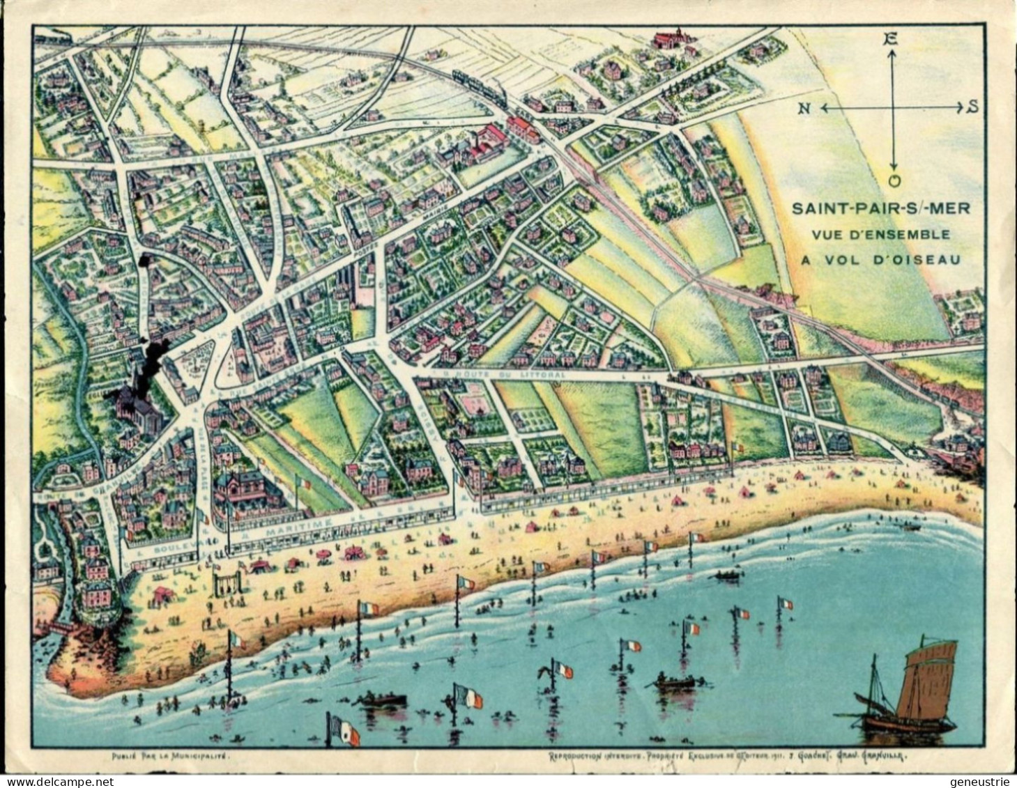 Petit Plan Touristique "Saint Pair-sur-Mer Vue D'ensemble à Vol D'oiseau - Grav. Goachet à Granville 1911" Manche - Manifesti