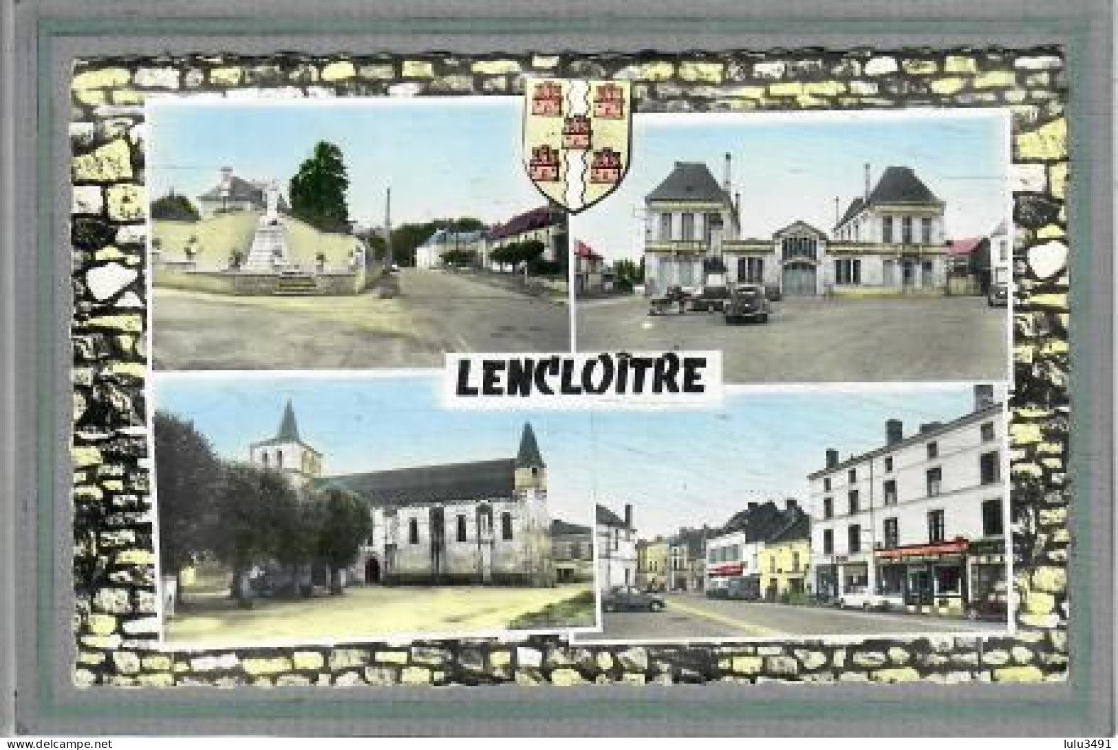 CPSM Dentelée (86) LENCLOITRE - Carte Multivues Au Cadre En Mur De Pierres Sèches Et Blason Héraldique - Lencloitre