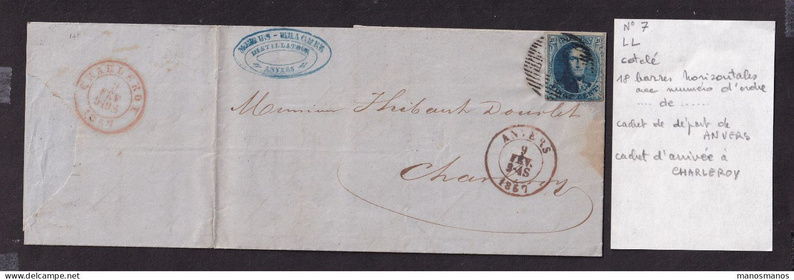 DDFF 870 -- Belgium - Lettre TP Médaillon ANVERS 1857 Vers Charleroy - Cachet Et Entete Distillateur Meeus-Trachez - Vinos Y Alcoholes