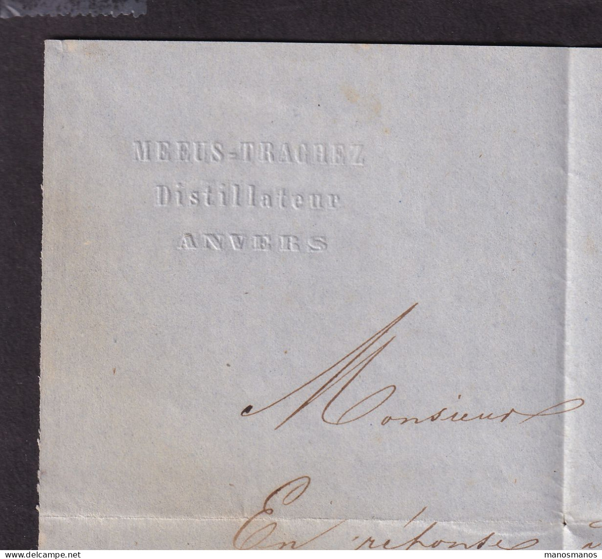 DDFF 870 -- Belgium - Lettre TP Médaillon ANVERS 1857 Vers Charleroy - Cachet Et Entete Distillateur Meeus-Trachez - Wines & Alcohols