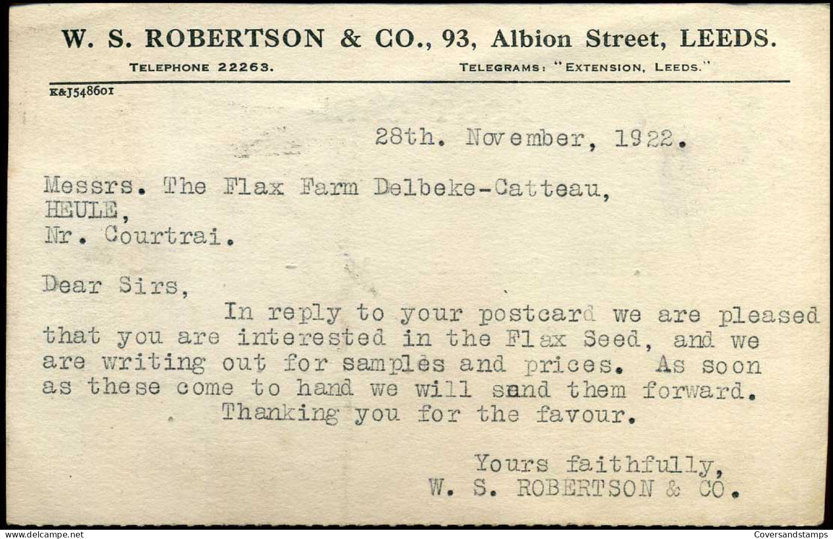 Post Card : From Leeds To Courtrai (Kortrijk), Belgium - "W.S. Robertson & Co, Leeds" - Storia Postale