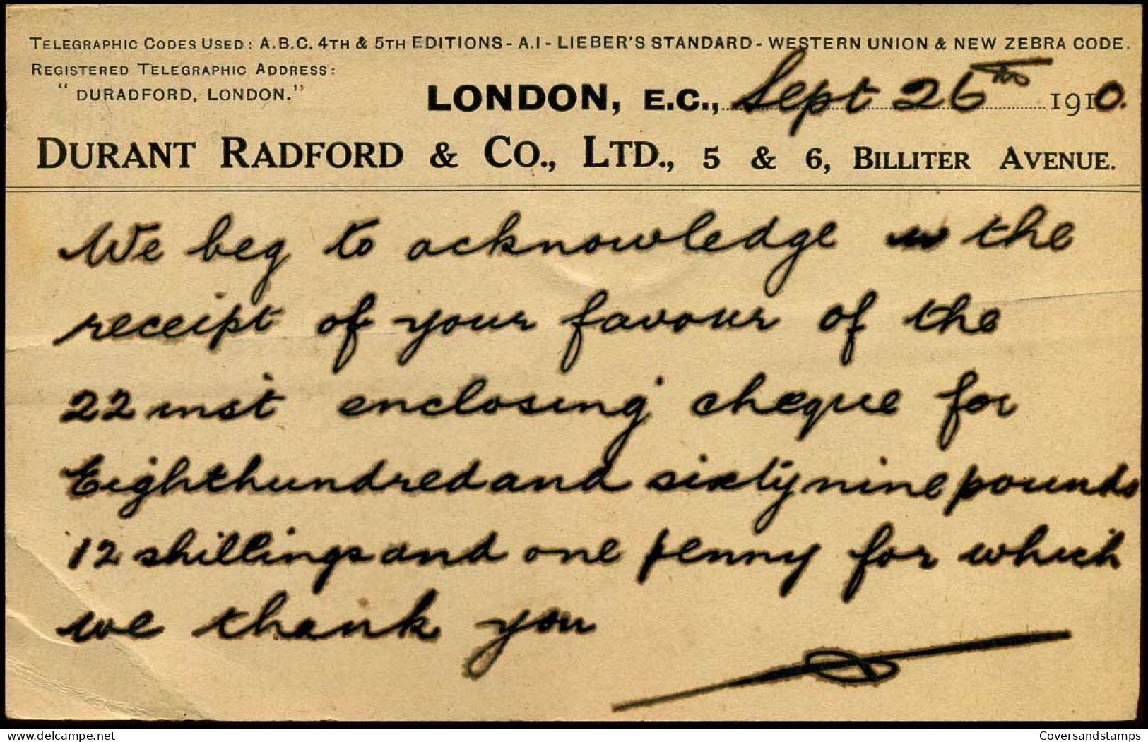 Post Card : From London To Amsterdam, Netherlands - "Durant Radford & Co Ltd, London" - Storia Postale