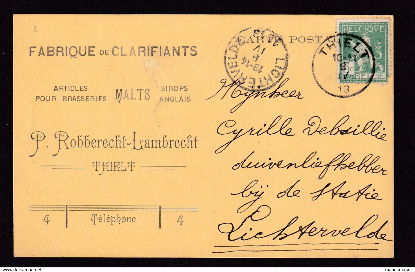 DDFF 872 -- Belgium - Carte Privée TP Pellens THIELT 1913 Vers LICHTERVELDE - Articles Pour Brasserie , Malts - Bières