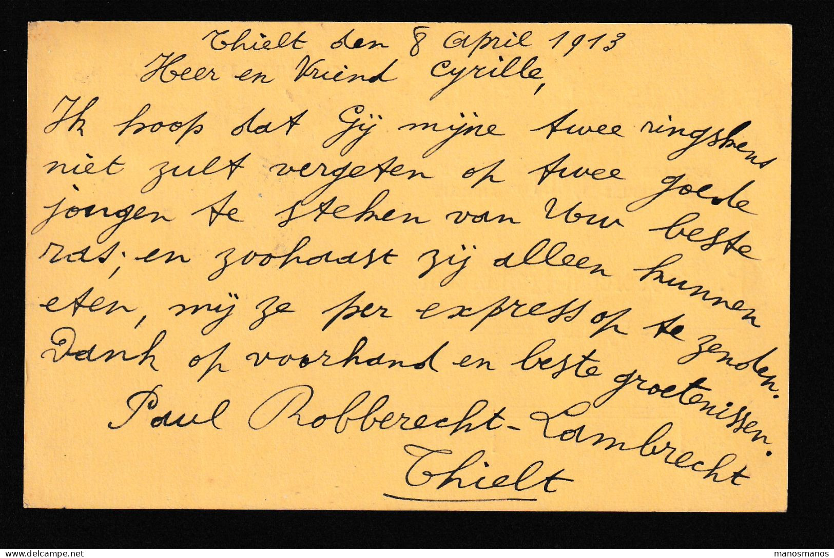 DDFF 872 -- Belgium - Carte Privée TP Pellens THIELT 1913 Vers LICHTERVELDE - Articles Pour Brasserie , Malts - Beers