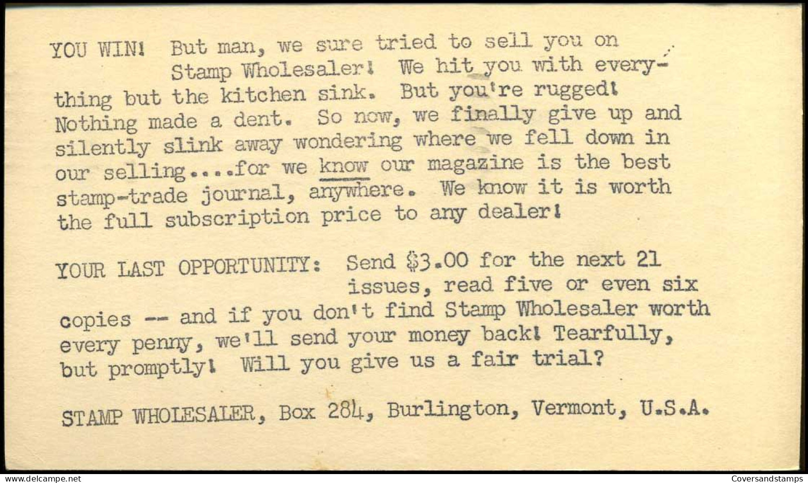 Postal Stationary - From Burlington, Vermont - 1941-60