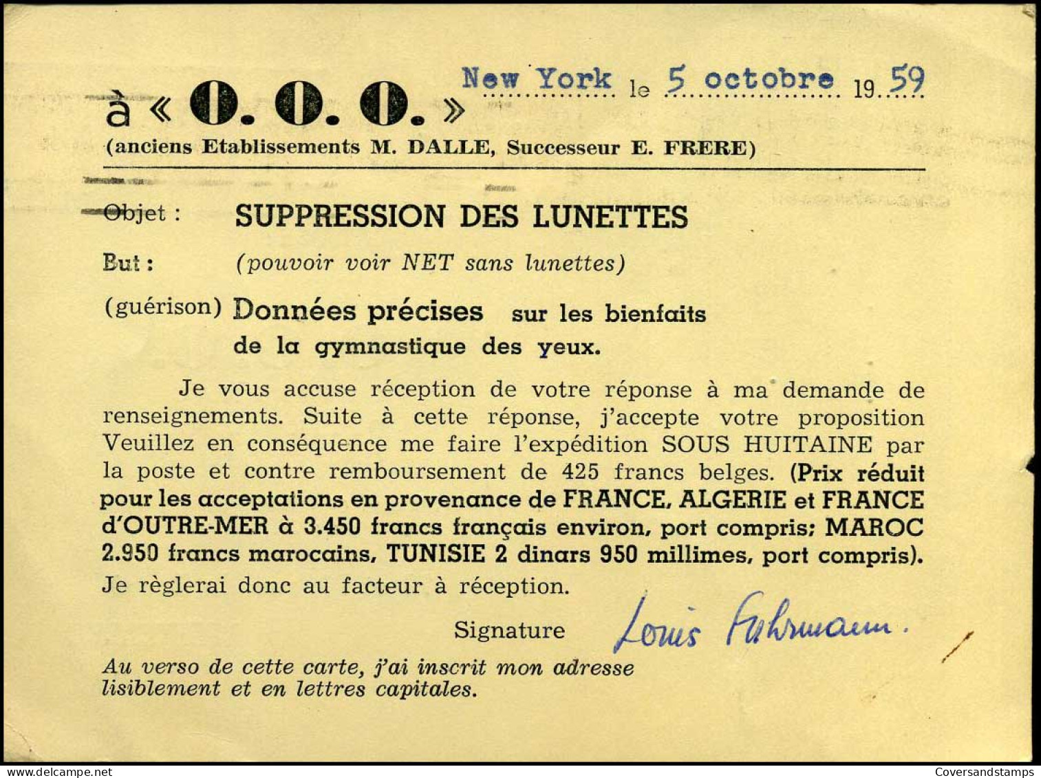 Post Card : From New York, N.Y. To Bruxelles, Belgium - "Etablissements O.O.O." - Lettres & Documents