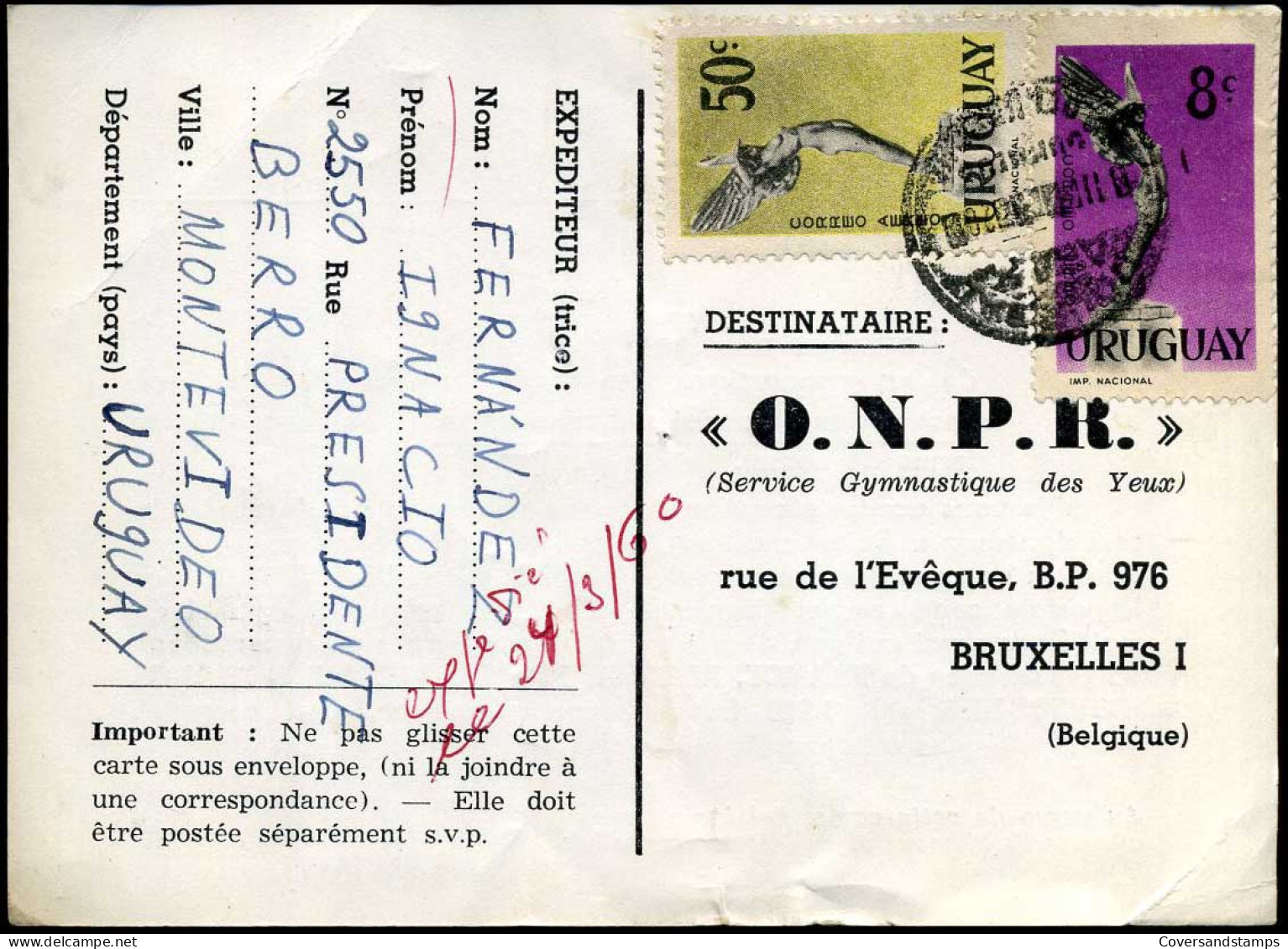 Post Card  - Uruguay -- "O.N.P.R., Bruxelles, Belgium" - Uruguay