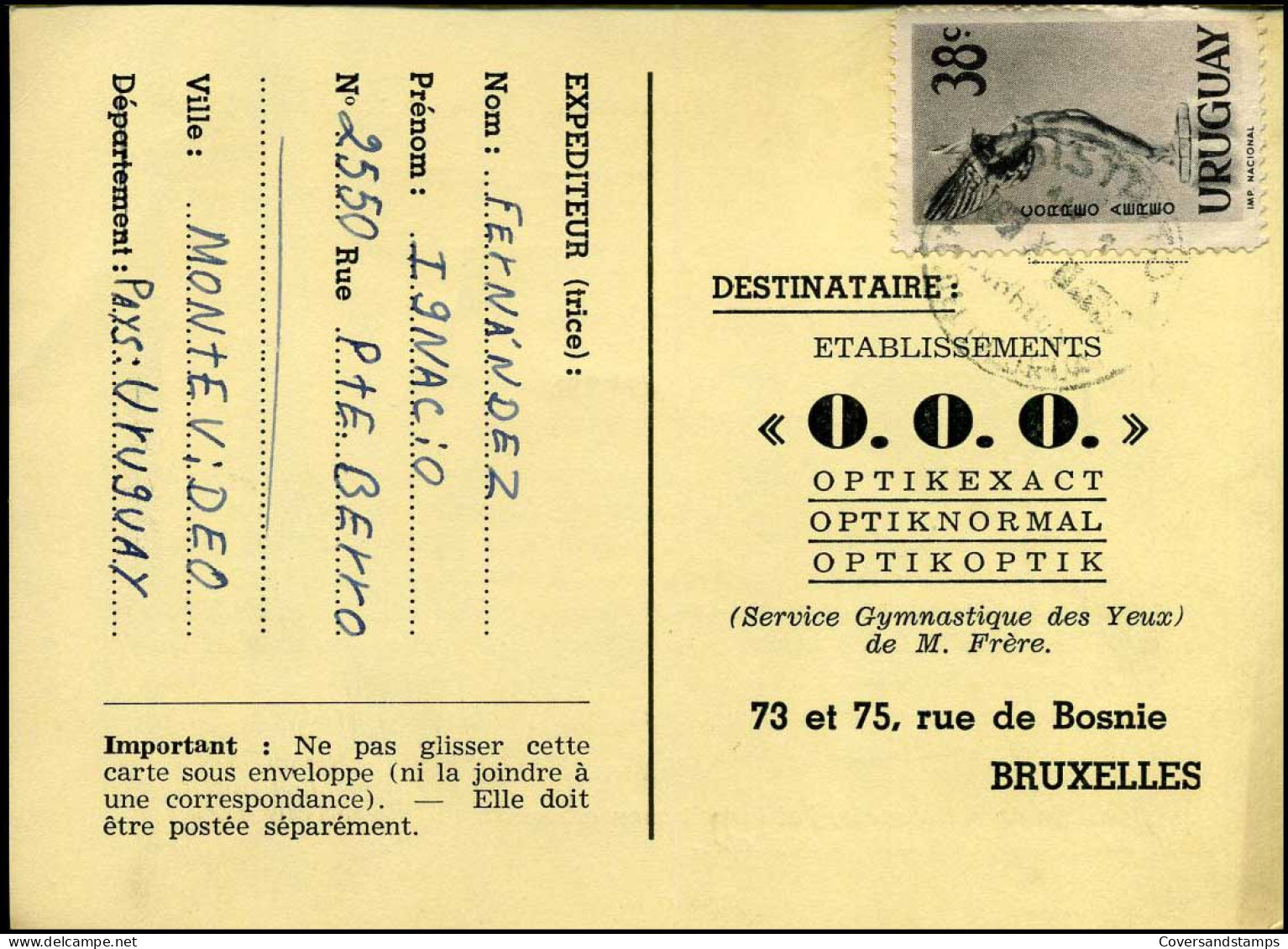 Post Card  - Uruguay -- "O.O.O., Bruxelles, Belgium" - Uruguay