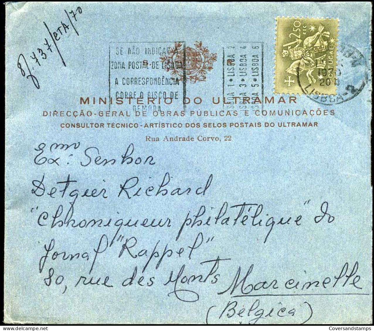 Cover To Marcinelle, Belgium - "Ministerio Do Ultramar" - Lettres & Documents