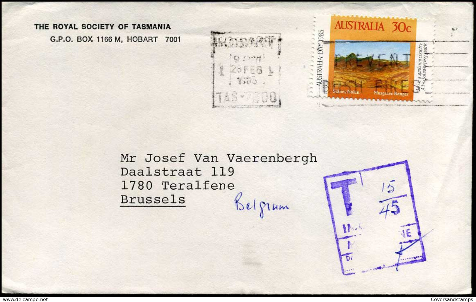 Cover To Teralfene, Brussels, Belgium - "The Royal Society Of Tasmania, Hobart" - Brieven En Documenten