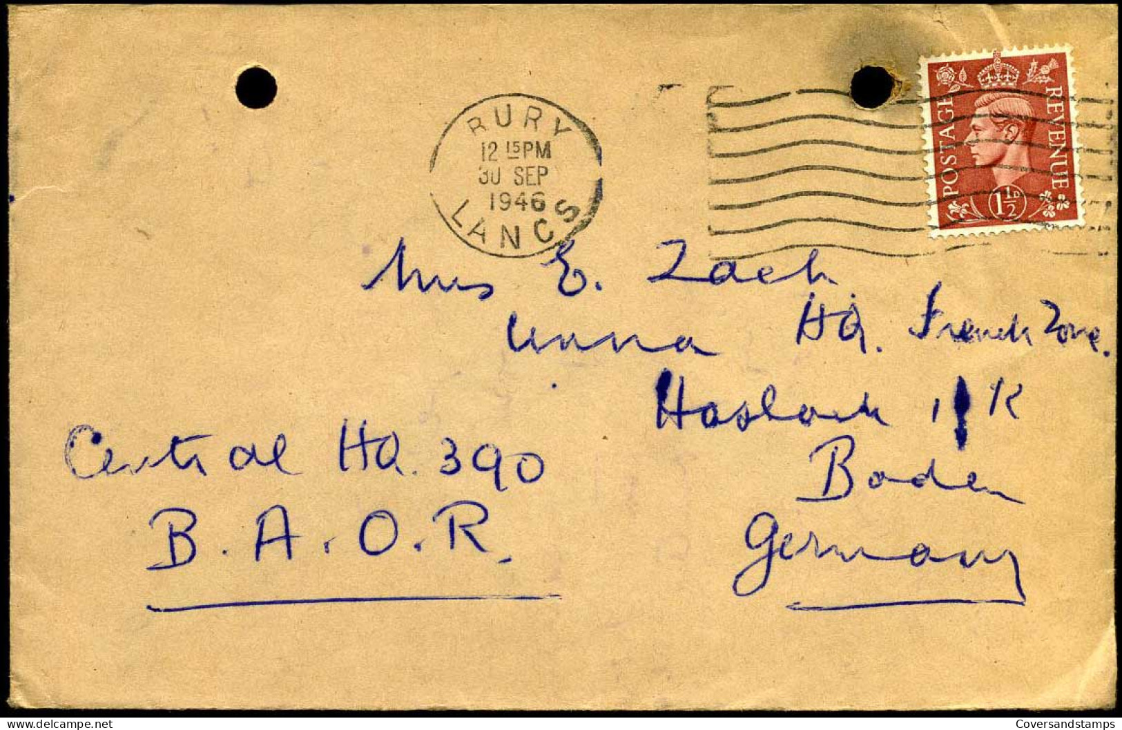 Cover From Bury To Baden, Germany -- "Central HQ 390 B.A.O.R." - Covers & Documents