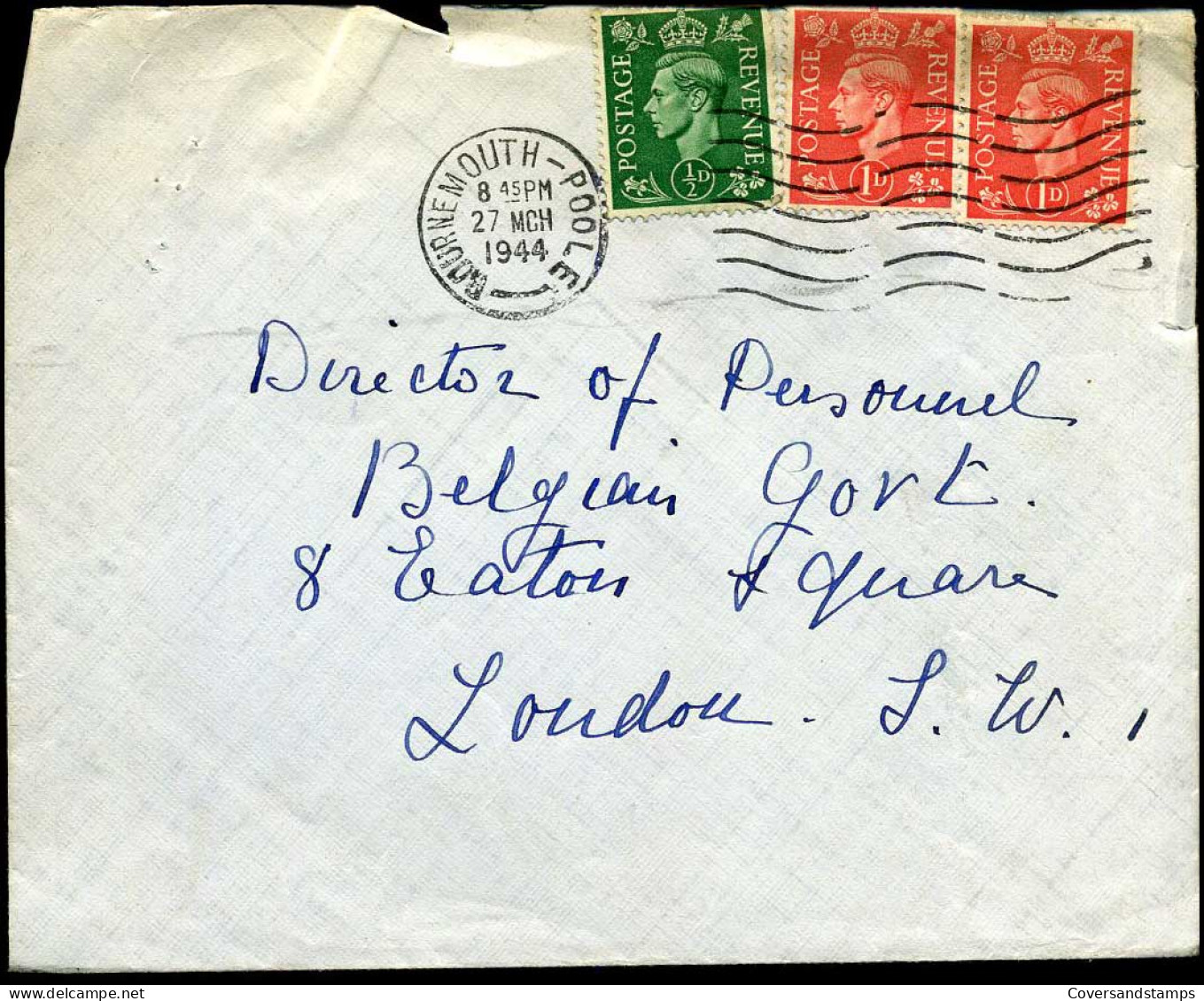 Cover From Bournemouth To London -- "Director Of Personnel, Belgian Govt" - Cartas & Documentos