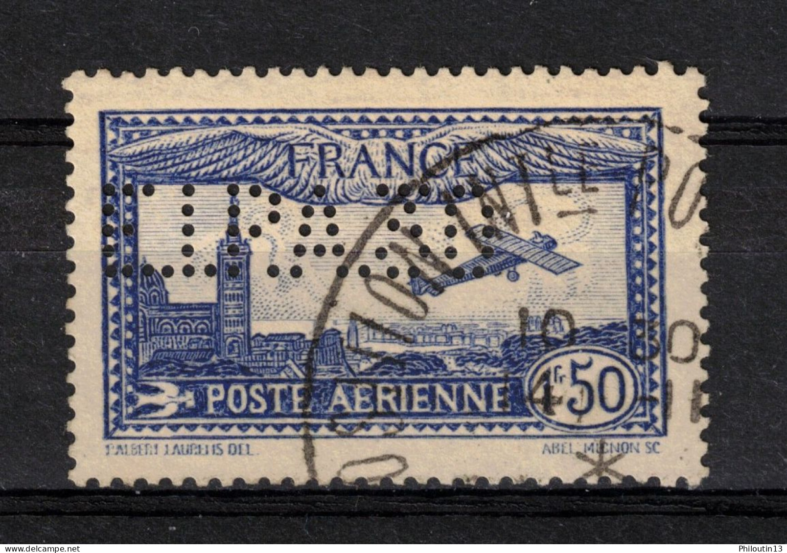 France Poste Aérienne N°6c Perforé EIPA 30 Oblitéré Cote 450€ - Signé BRUN - Scan Recto / Verso - 1927-1959 Usati