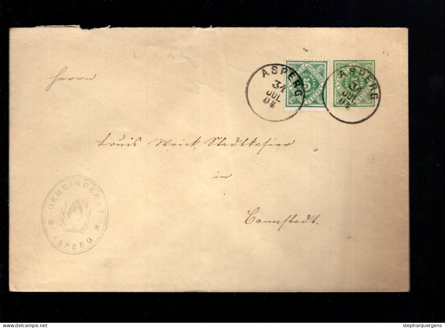 DU 5 A I Von Asperg Nach Cannstatt (Absenderstempel: Gemeinderat Asperg) - Enteros Postales