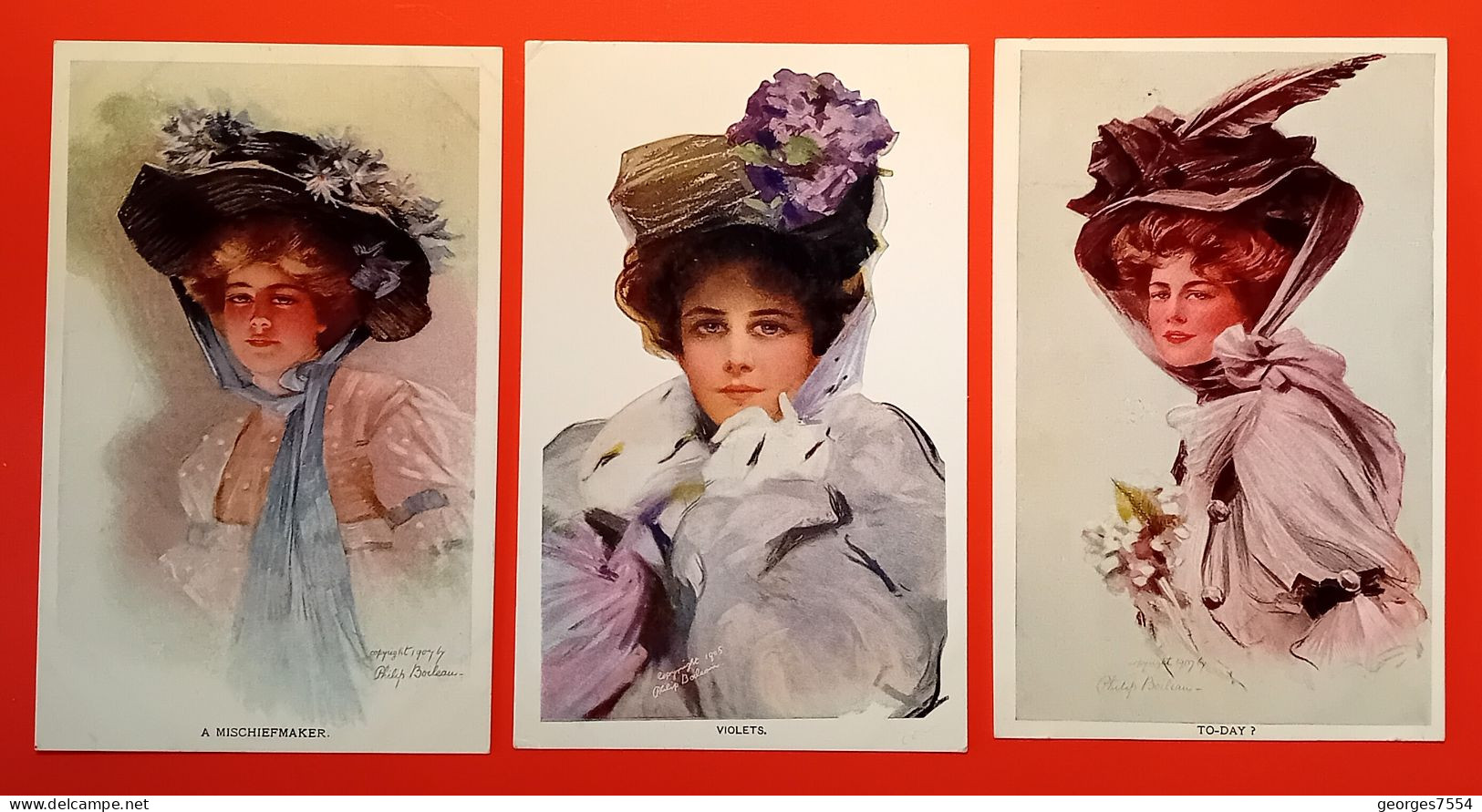 SERIE DE 3  CARTES - ILLUSTRATEUR BOILEAU - PORTRAITS DE JEUNES FEMMES AVEC CHAPEAU - Boileau, Philip