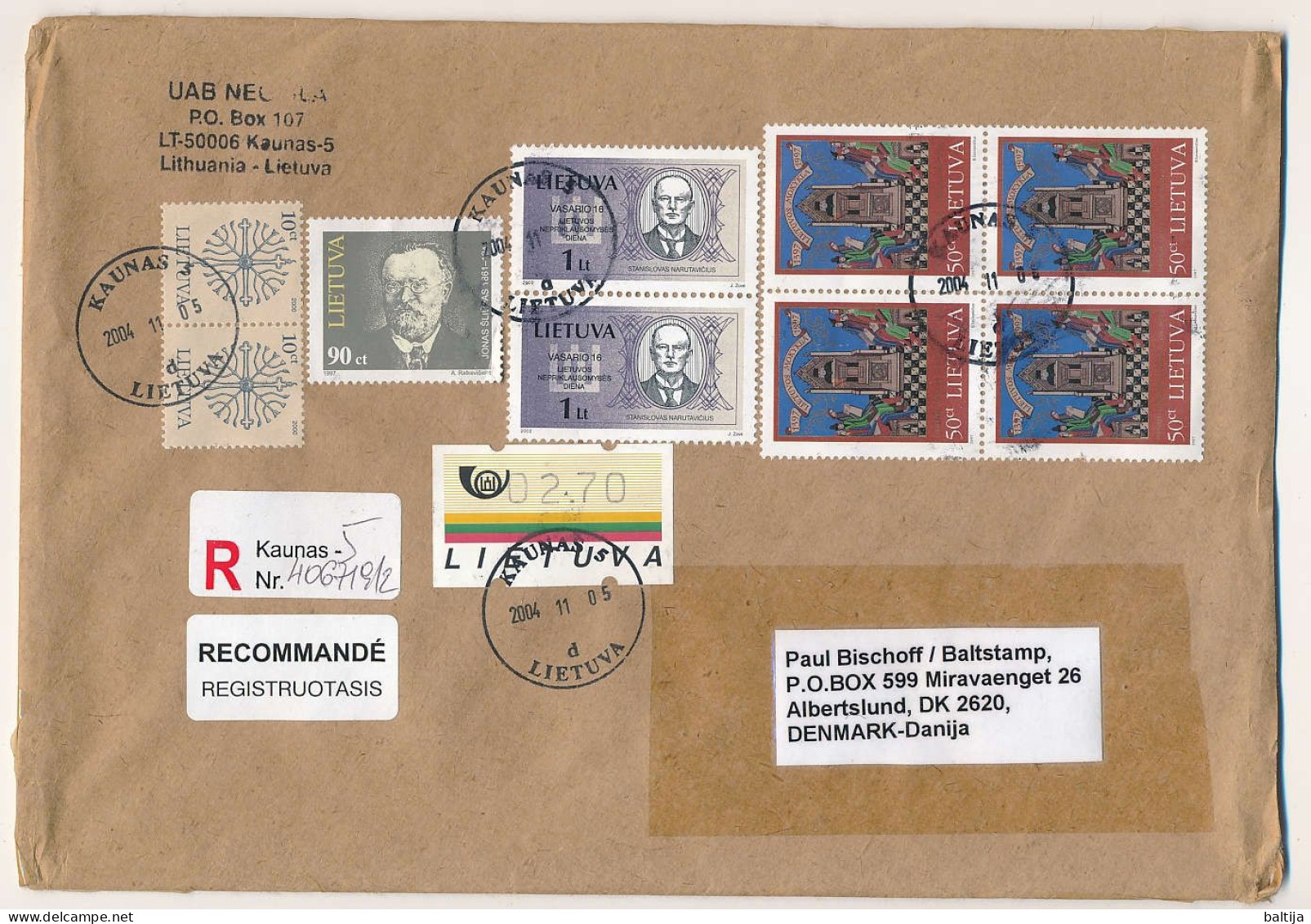 Registered Cover Abroad ATM Stamp - 5 November 2004 Kaunas-5 - Lituania
