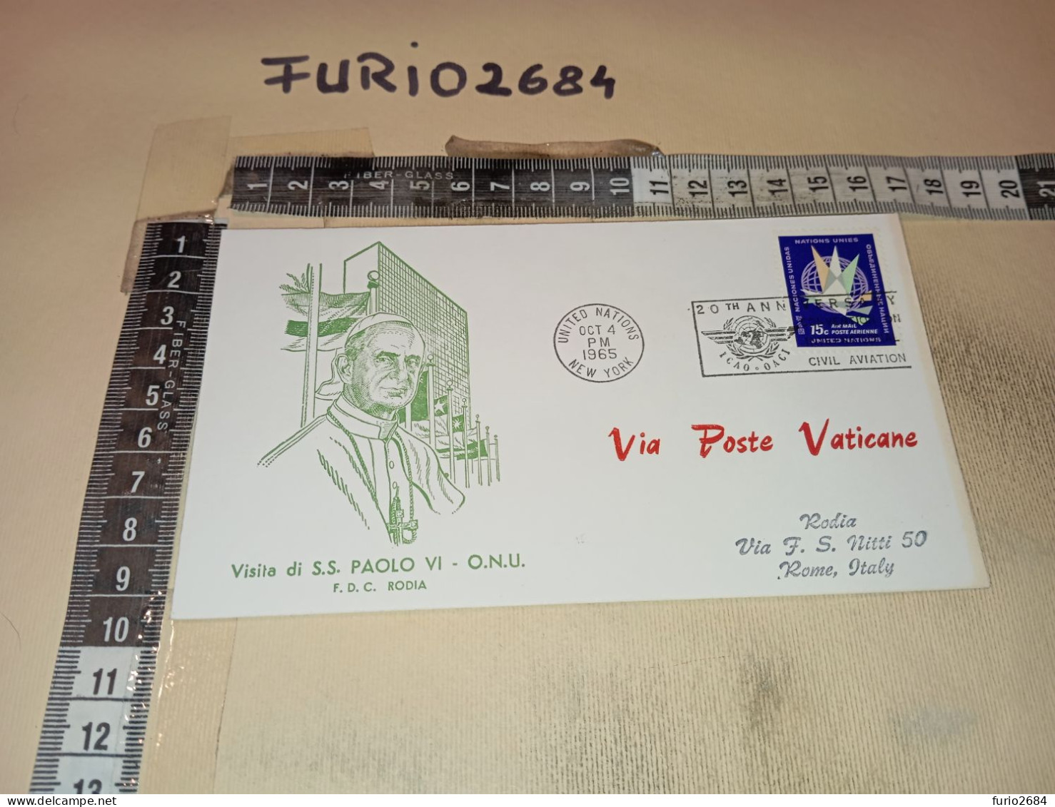 HB12525 FDC RODIA TIMBRO ANNULLO VATICANO UNITED NATIONS VISITA PAPA PAOLO VI ONU 1965 - FDC