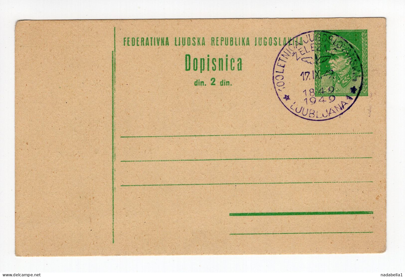 1949. YUGOSLAVIA,SLOVENIA,LJUBLJANA,SPECIAL CANCELLATION:100 YEARS OF YUGOSLAV RAILWAYS 2 DIN TITO STATIONERY CARD,USED - Postwaardestukken