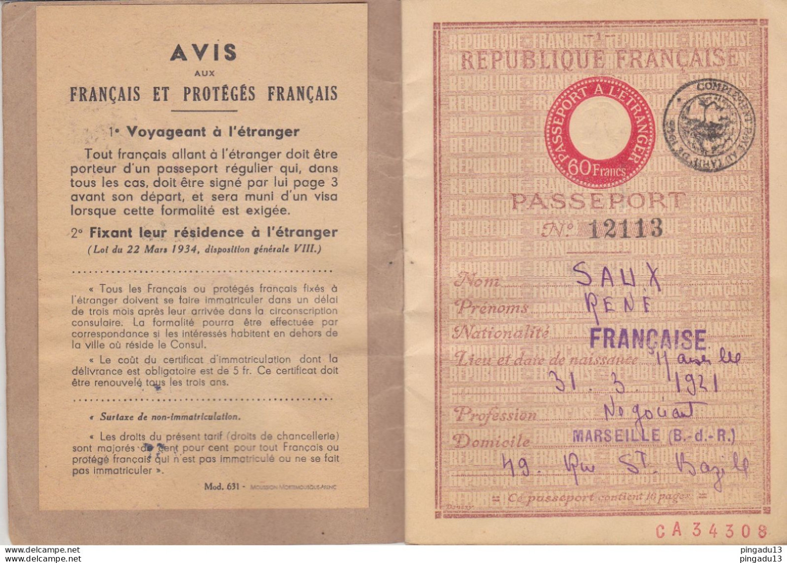 Fixe FRANCE Passeport 60 Francs + Complément Payé Au Tarif De 1946 Regno D'Italia Marca Consolare - Lettres & Documents