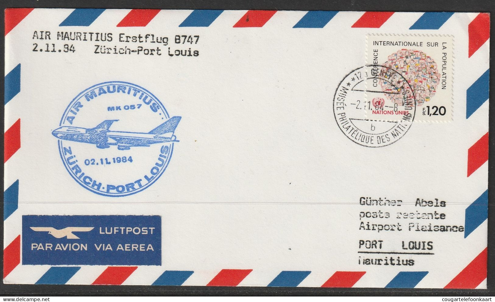 1984, Air Mauritius, Erstflug, Genf - Port Louis Mauritius - Erst- U. Sonderflugbriefe