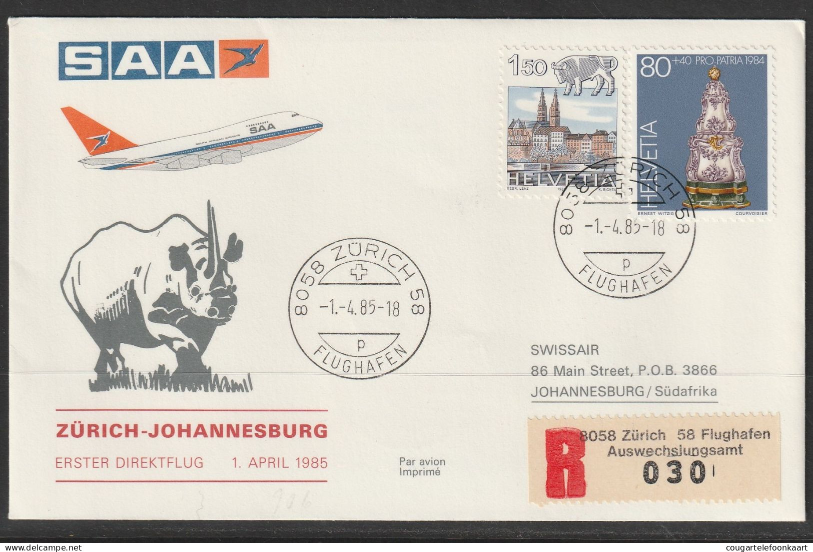 1985, SAA, Erstflug, Zürich - Johannesburg South Africa - Erst- U. Sonderflugbriefe