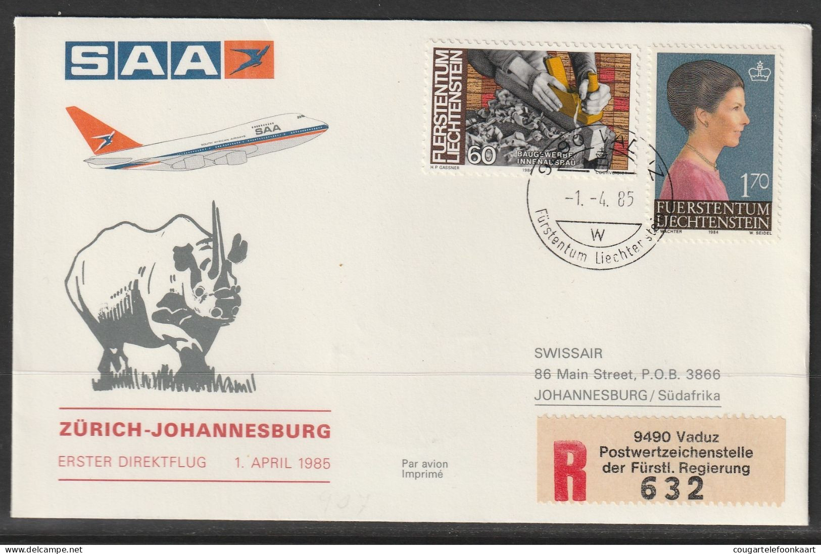 1985, SAA, Erstflug, Liechtenstein - Johannesburg South Africa - Air Post