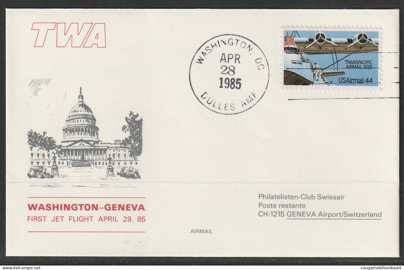 1985, TWA, Erstflug, Washington - Genf - 3c. 1961-... Briefe U. Dokumente