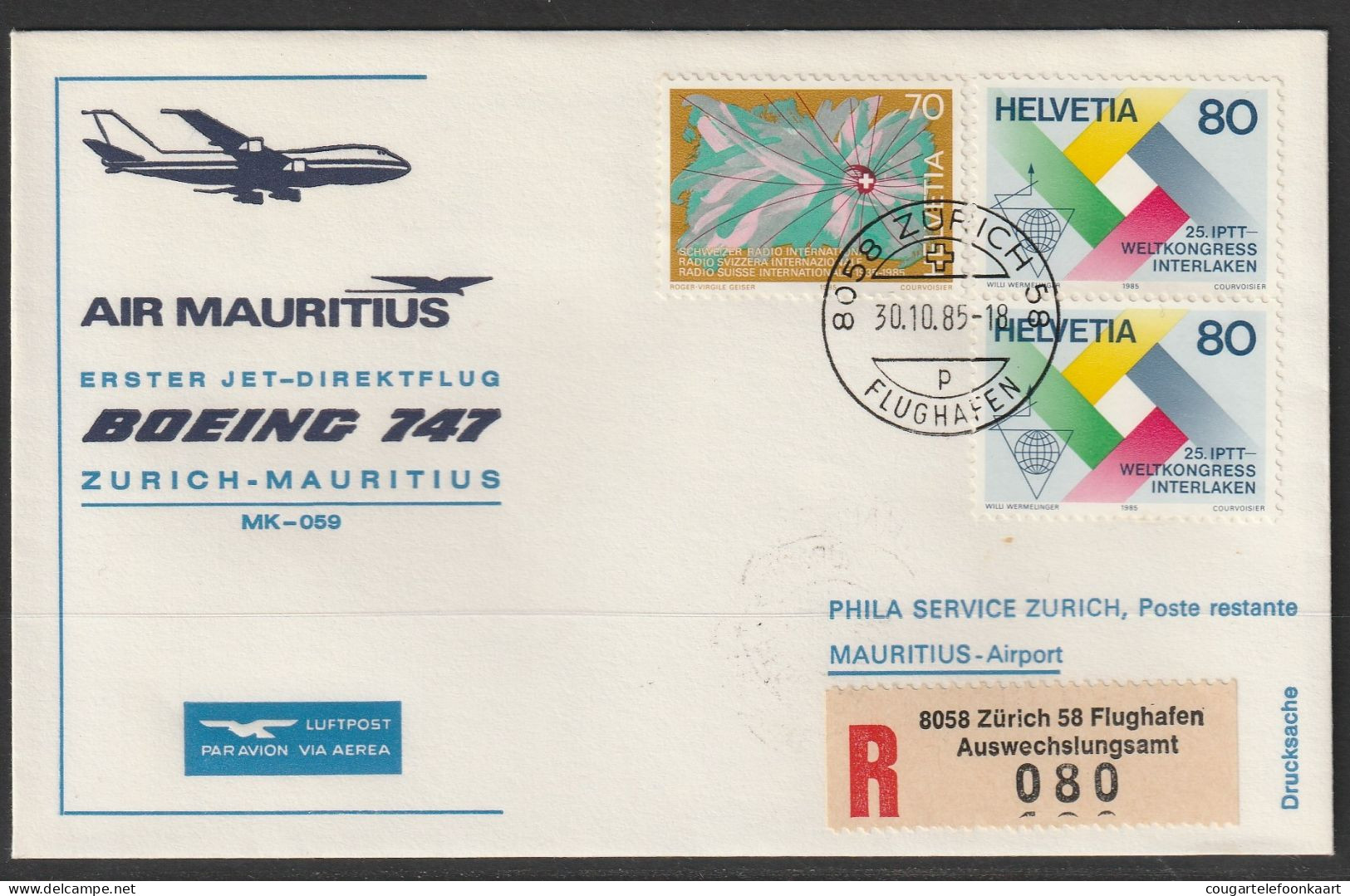 1985, Air Mauritius, Erstflug, Zürich - Port Louis - First Flight Covers