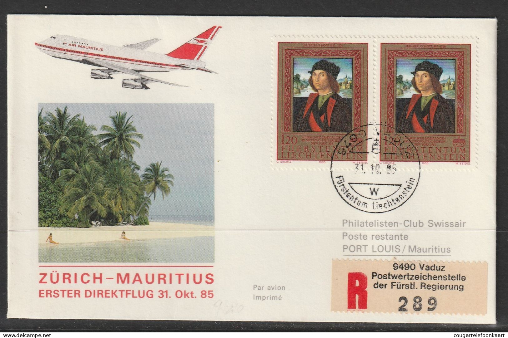 1985, Air Mauritius, Erstflug, Liechtenstein - Port Louis - Poste Aérienne