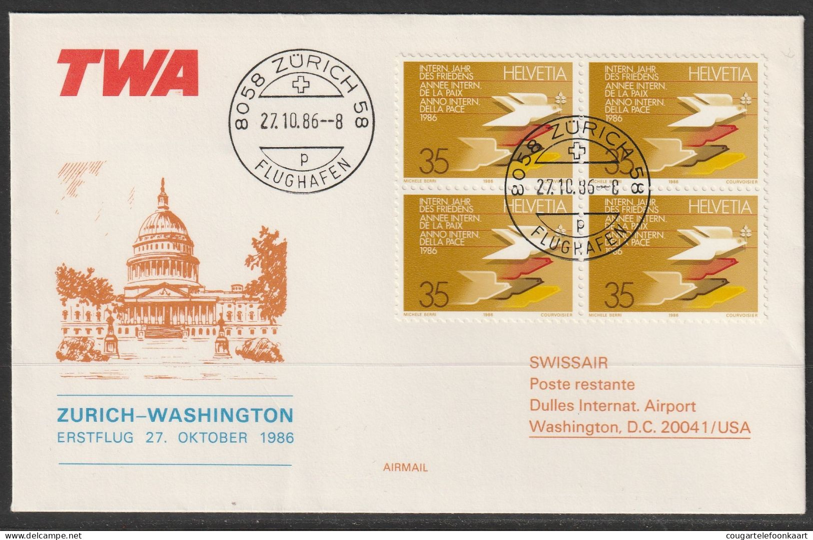 1986, TWA, Erstflug, Zürich - Washington - First Flight Covers