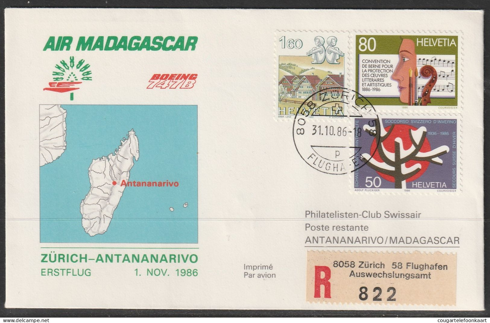 1986, Air Madagascar, Erstflug, Zürich - Antananarivo - Erst- U. Sonderflugbriefe