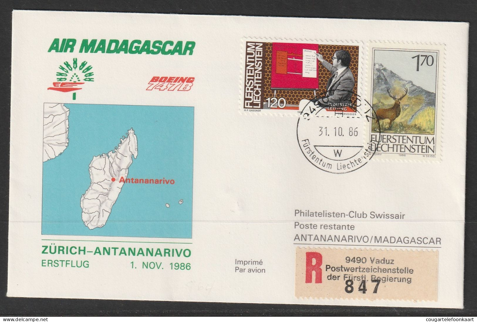 1986, Air Madagascar, Erstflug, Liechtenstein - Antananarivo - Luftpost