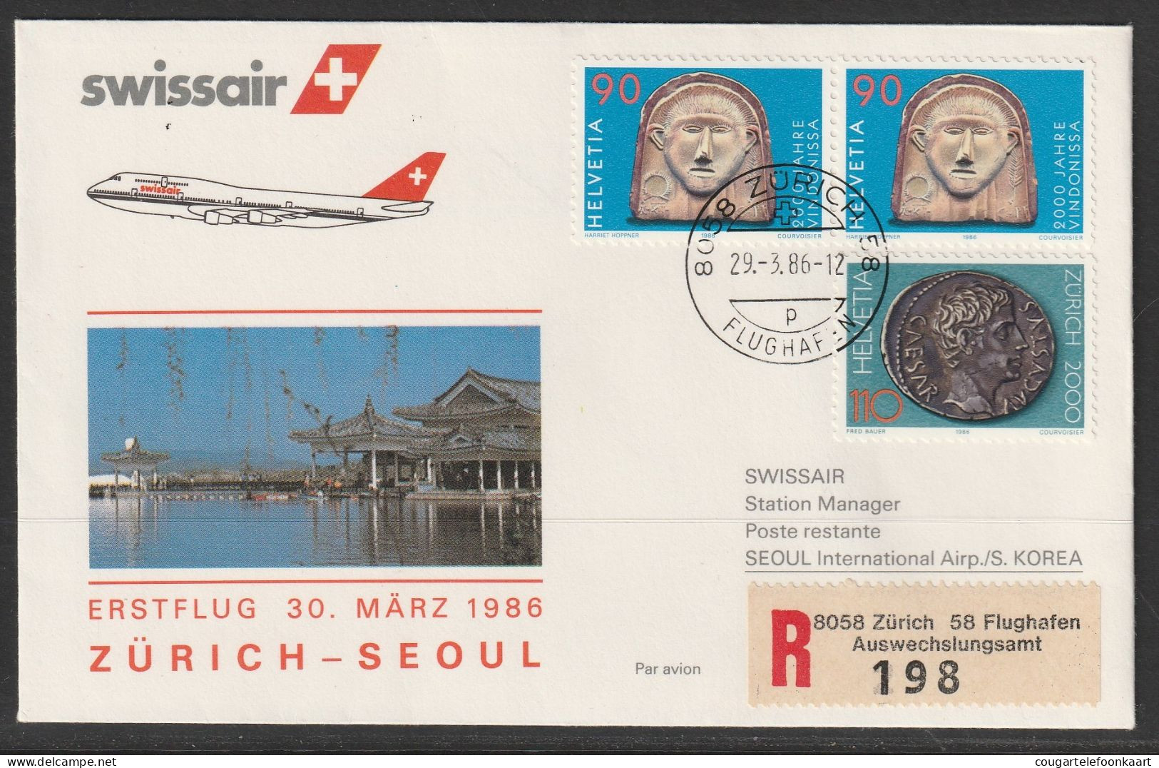 1986, Swissair, Erstflug, Zürich - Seoul Korea - Erst- U. Sonderflugbriefe