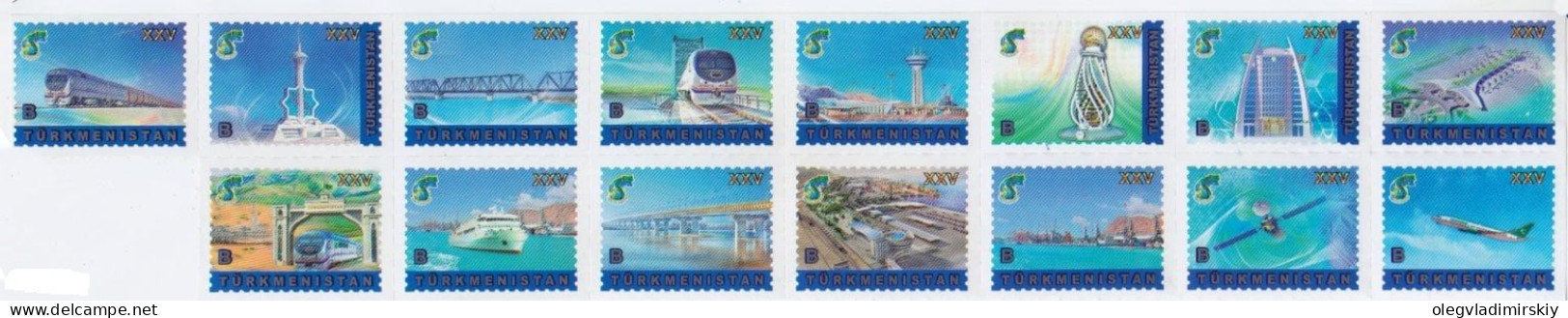 Turkmenistan 2021 Transport And Communications Development Trains Aviation Ships Bridges Satellite Set Of 15 Stamps MNH - Trains