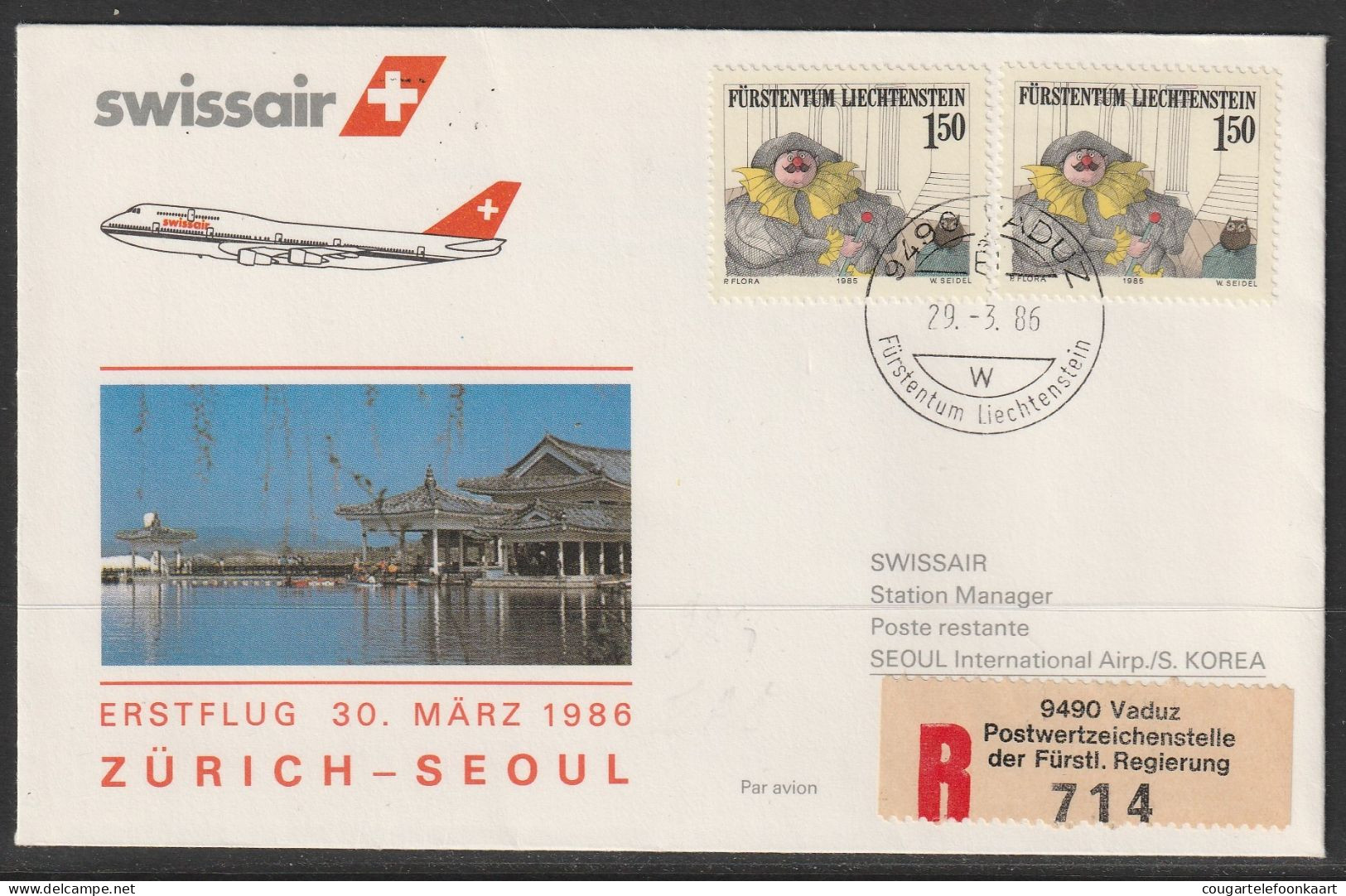 1986, Swissair, Erstflug, Liechtenstein - Seoul Korea - Luchtpostzegels